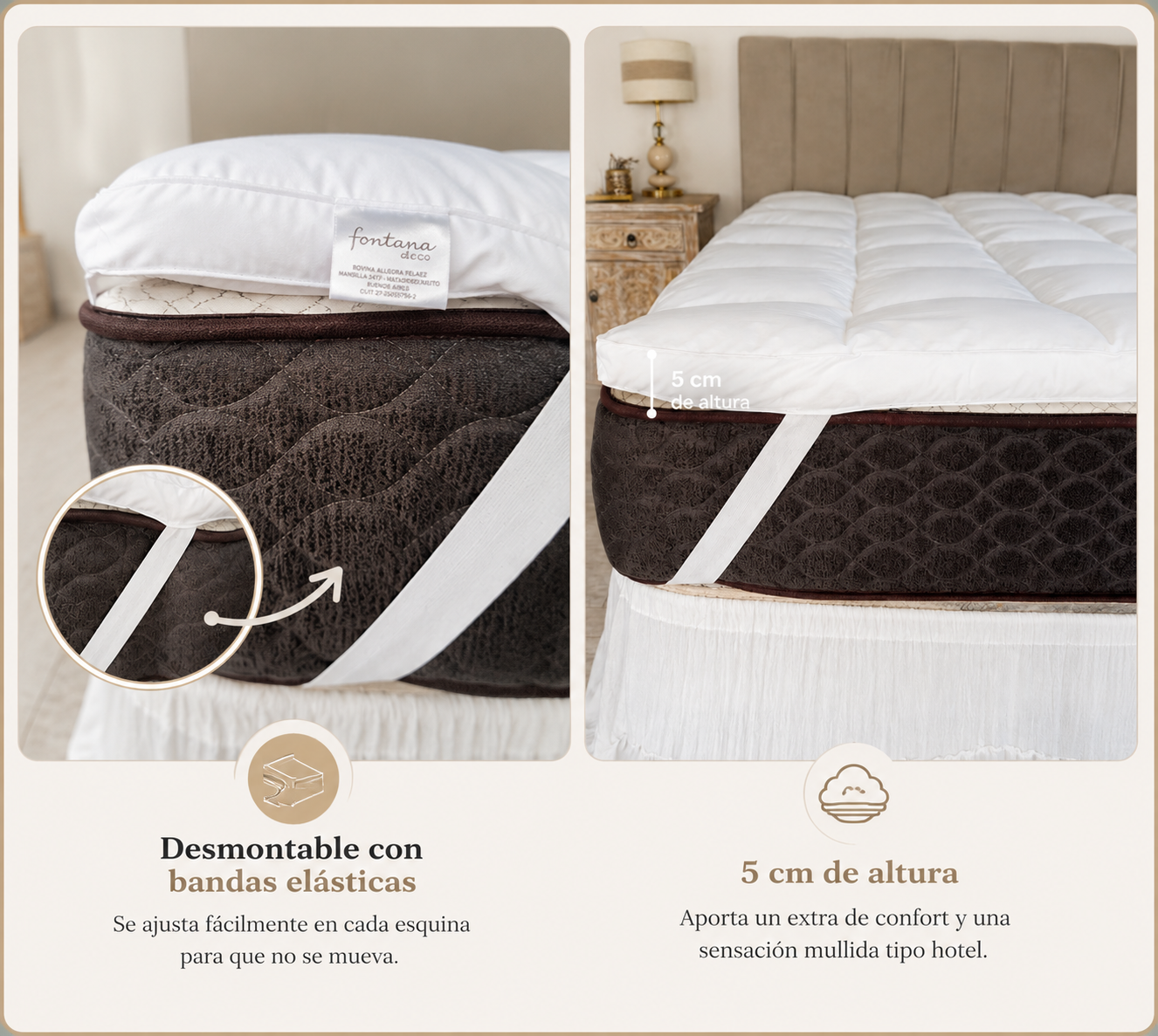 Bed Topper desmontable con bandas el&aacute;sticas y 5 cm de altura